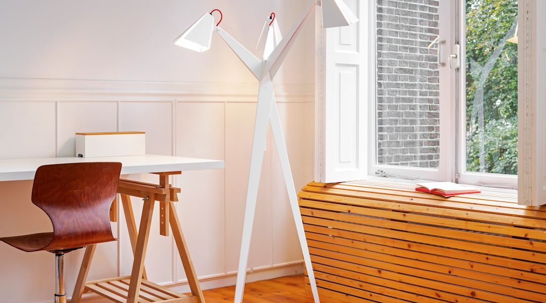 Photo Scandinavian minimalist grey felt floor lamp