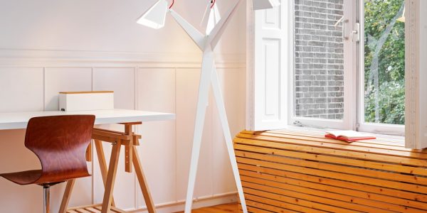 Photo Scandinavian minimalist grey felt floor lamp
