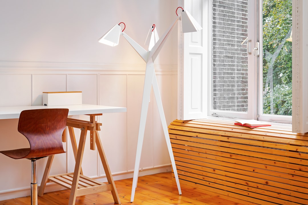 Photo Scandinavian minimalist grey felt floor lamp